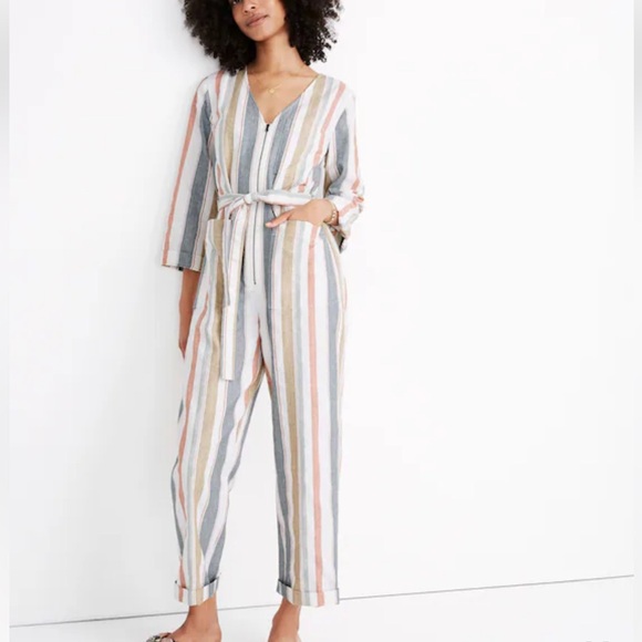 Madewell Pants - Madewell V-neck Tie-Waist New March Stripe Rusted Tin Boho Jumpsuit size 6